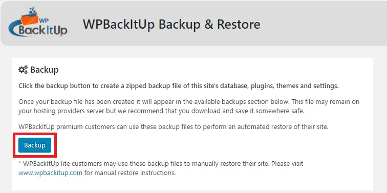 One-click site backup