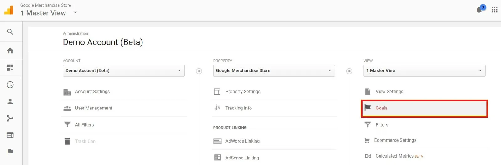 Google Analytics Goals option menu