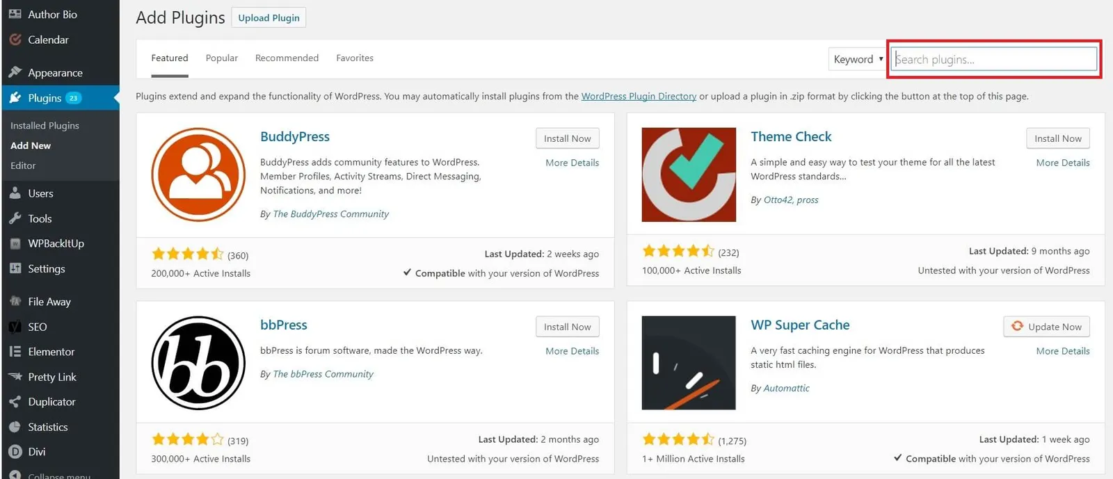 WordPress Add New Plugins page
