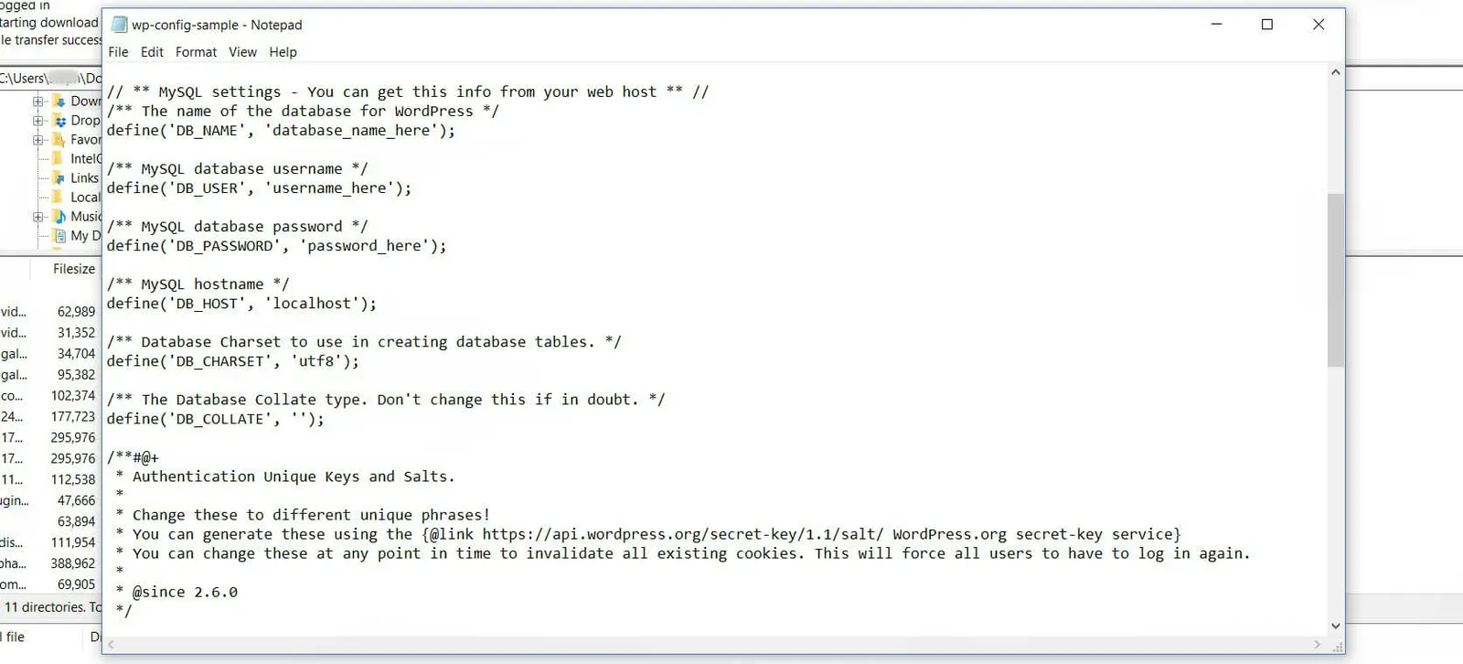 A sample of a website's wp-config.php file