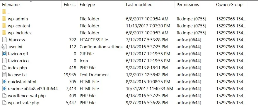 A website's server files as seen in FileZilla