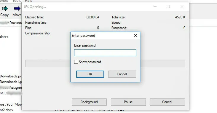 A password pop-up on 7-Zip