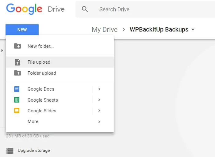 Google Drive file upload selection