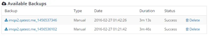 Available backups on WPBackItUp Backup page