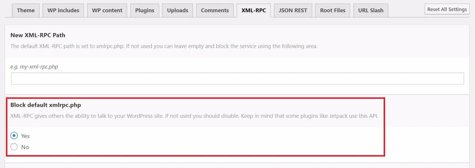 The XML-RPC disable option in WordPress plugin